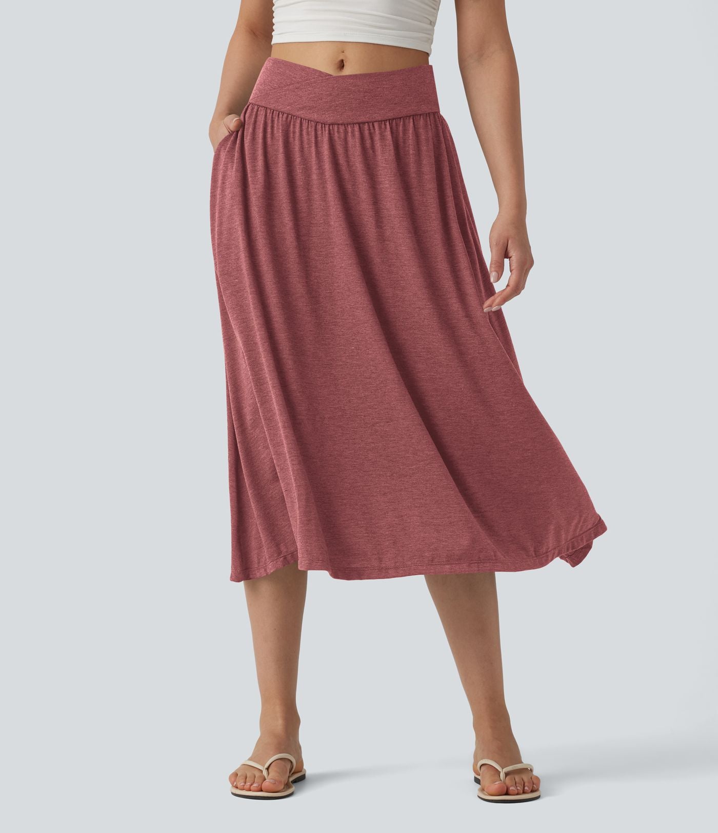 Jupe midi casual fluide croisée taille haute avec poches