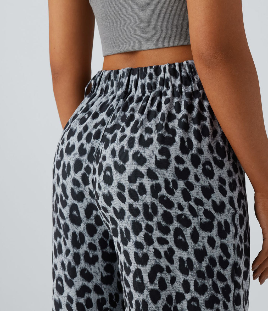 Pantalon large décontracté taille haute imprimé léopard en tissu gaufré avec poches