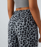 Pantalon large décontracté taille haute imprimé léopard en tissu gaufré avec poches