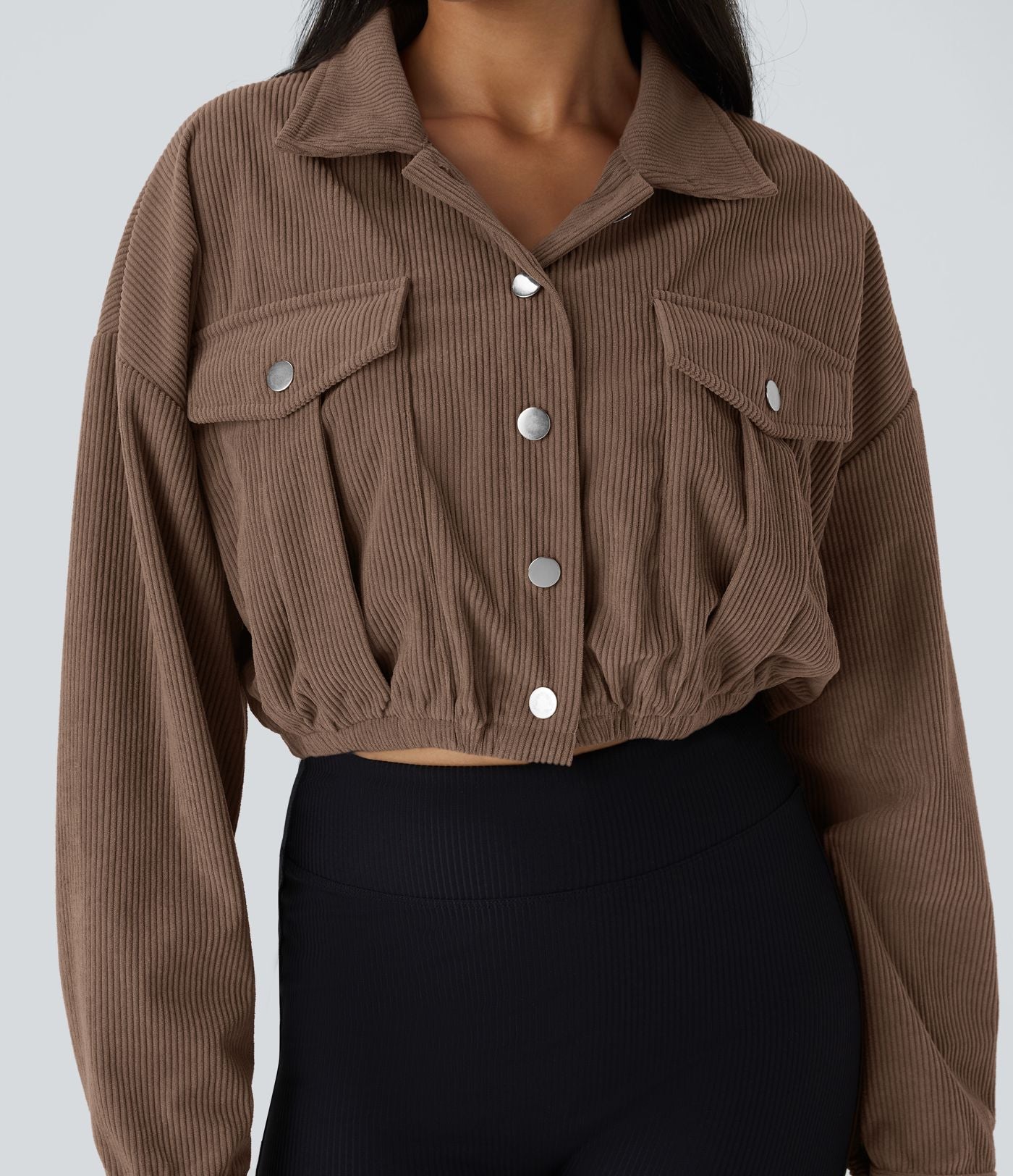 Veste Casual en Velours Côtelé à Boutons Poches Col Court