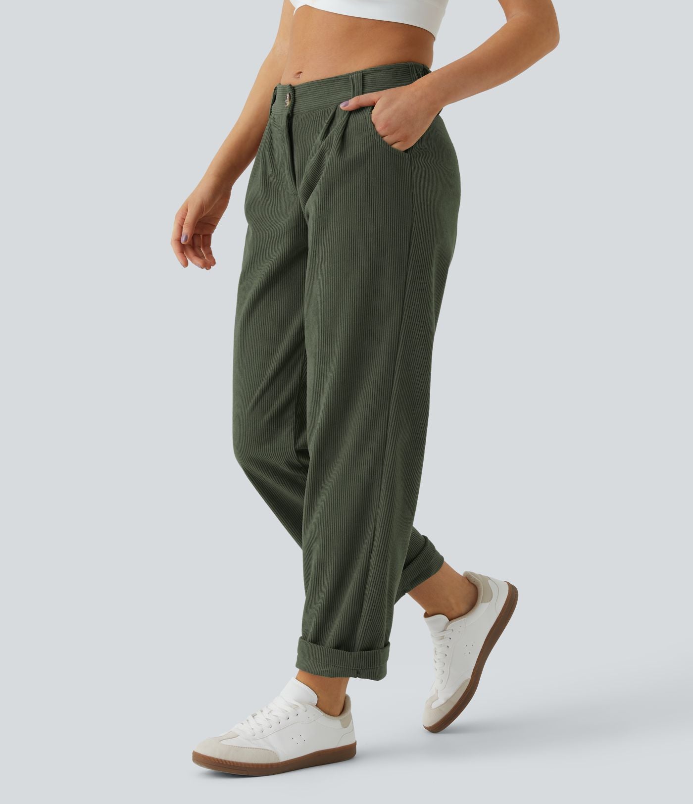 Pantalon en velours côtelé décontracté taille moyenne avec poches latérales