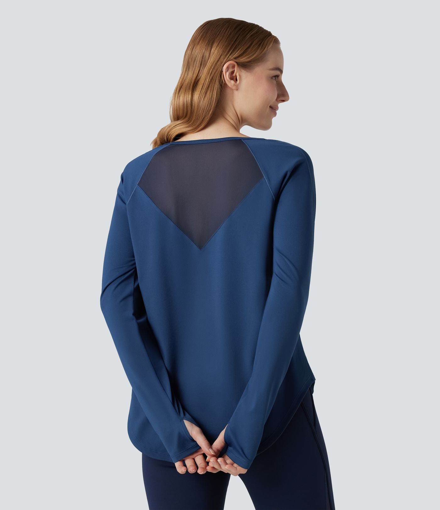 Top de sport col rond mesh contrastant manches longues avec trous pouces