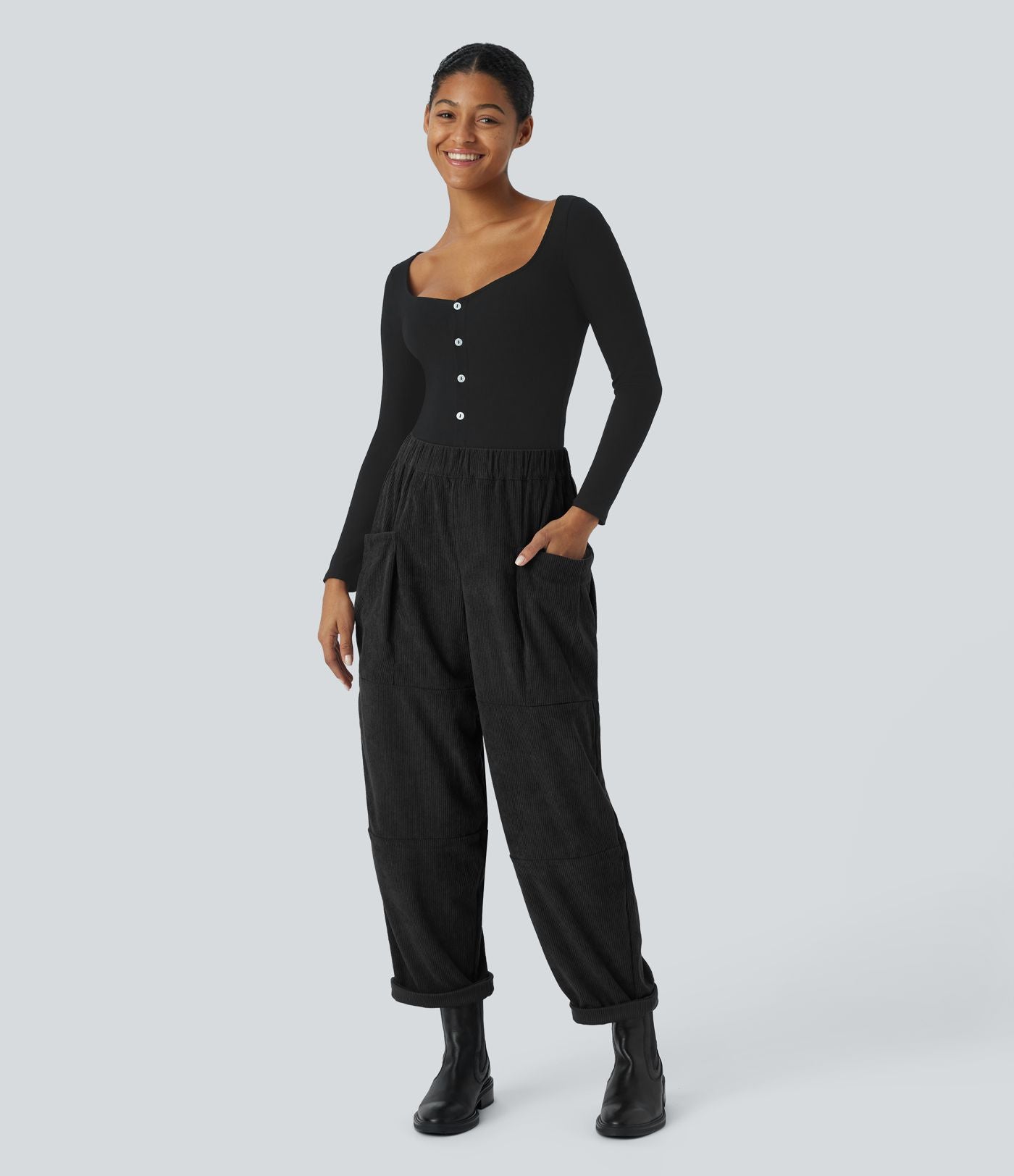 Pantalon décontracté en velours côtelé, taille haute, avec poches