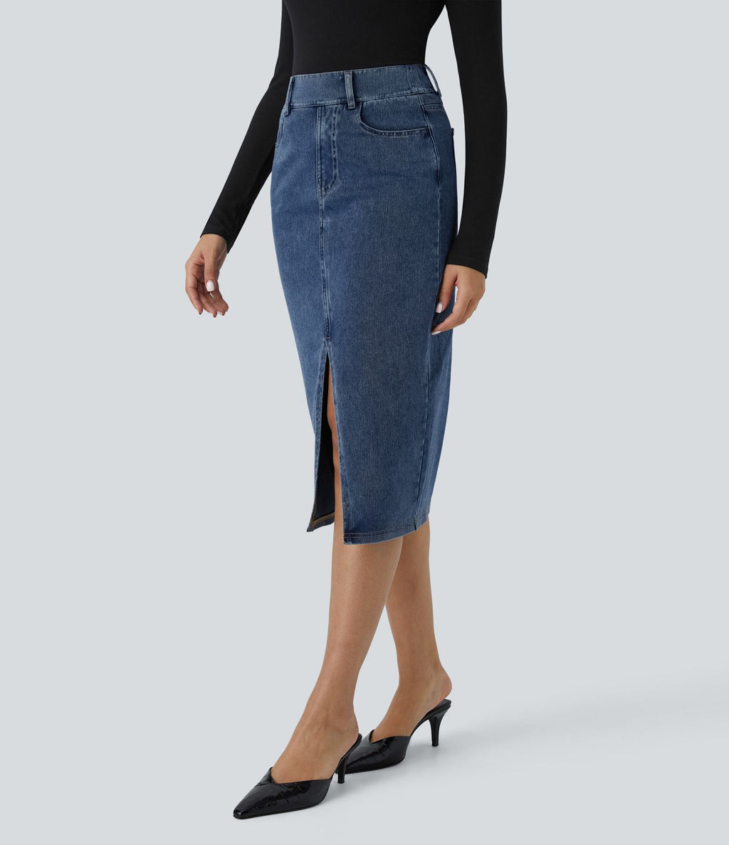 Halara Flex™ Jupe en Jean Midi Casual Tricot Extensible Taille Haute Poches Multiples