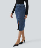 Halara Flex™ Jupe en Jean Midi Casual Tricot Extensible Taille Haute Poches Multiples