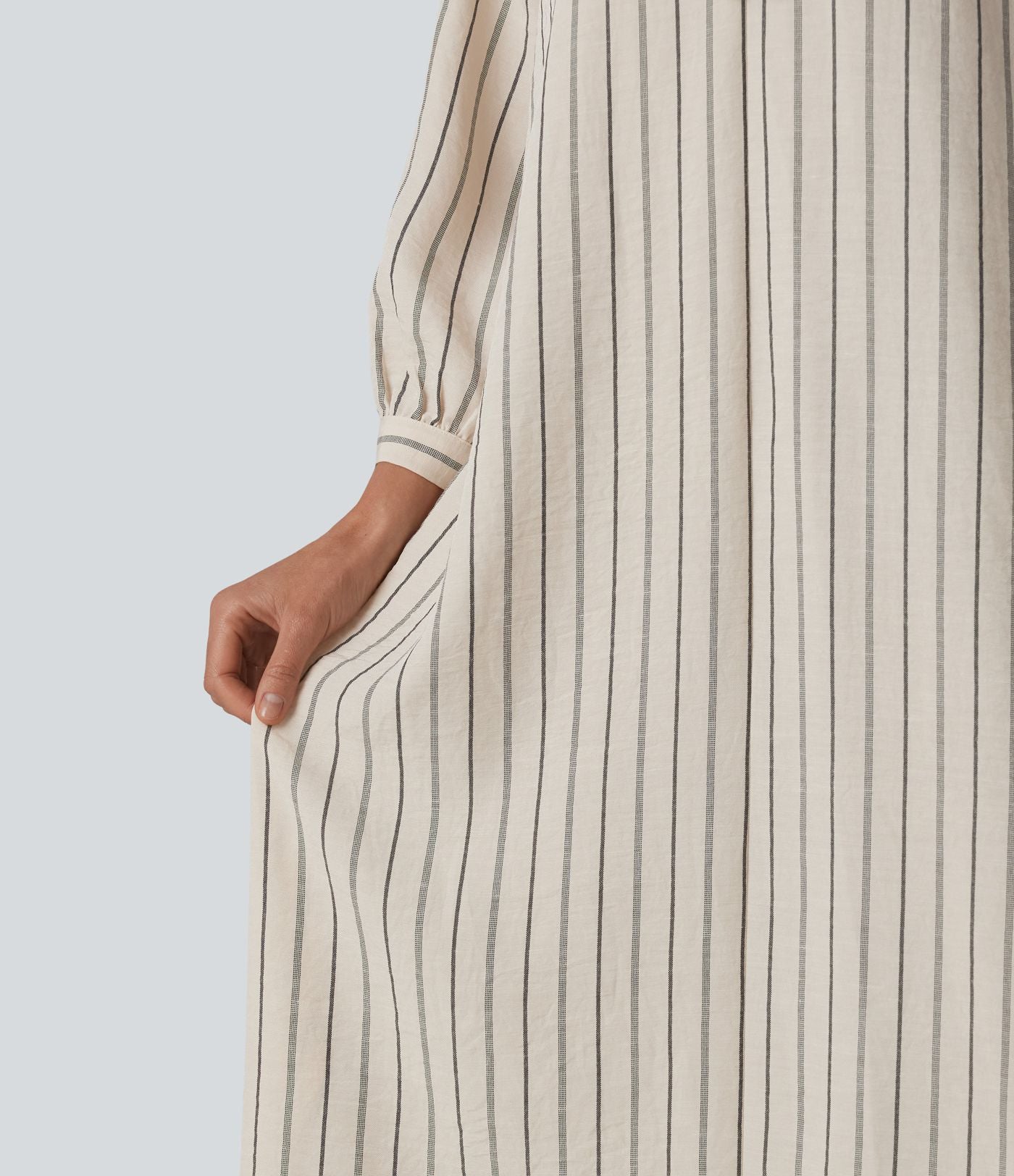 Robe midi casual à rayures aspect lin col V avec nœud, manches 3/4 fendues et poches