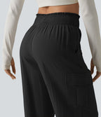 Pantalon cargo décontracté taille haute froncé, aspect lin, avec poches