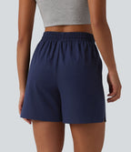 Short ample décontracté taille haute avec cordon de serrage ourlet arrondi avec poches