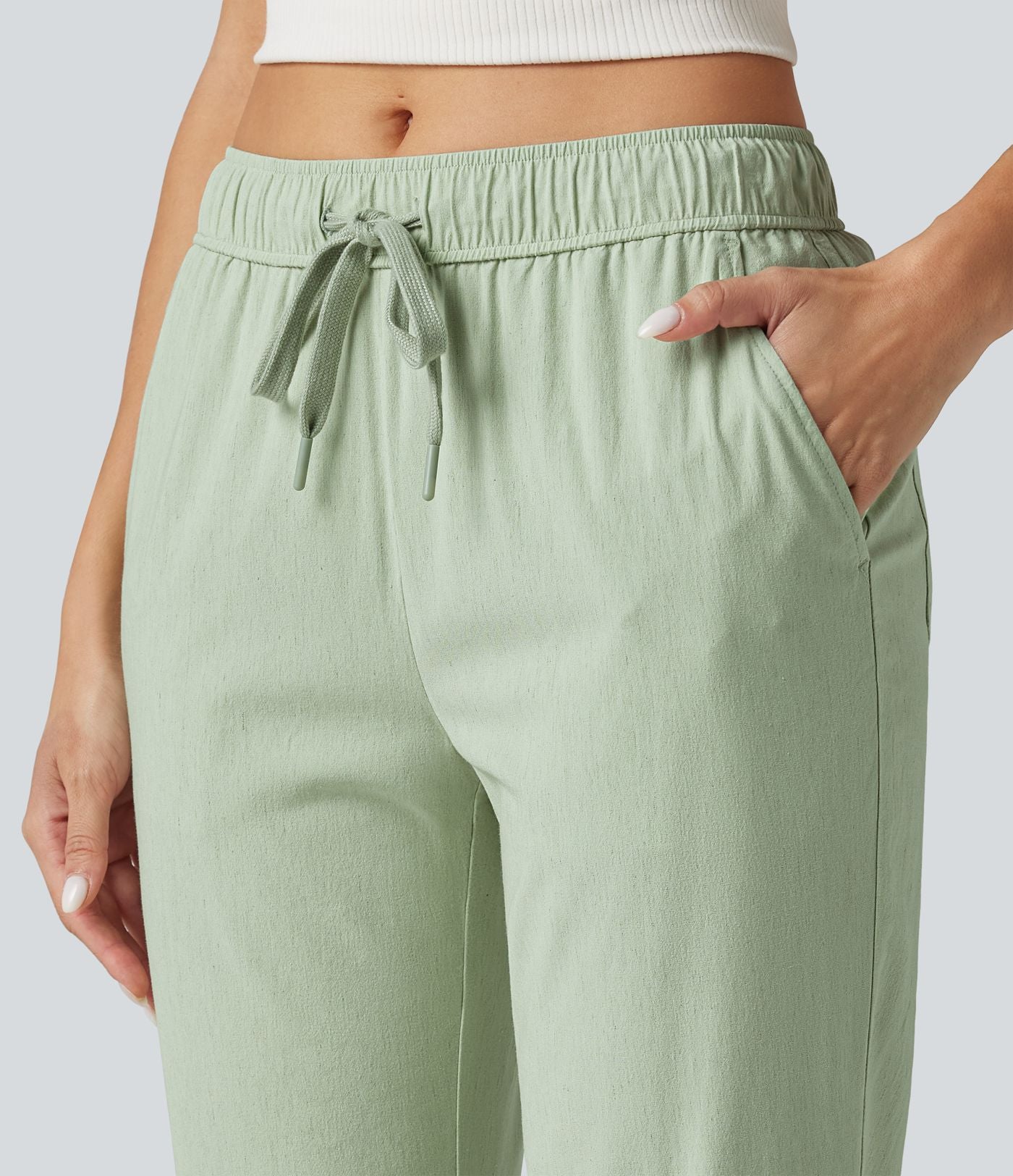 Pantalon ajusté décontracté taille mi-haute avec cordon de serrage, aspect lin extensible et poches