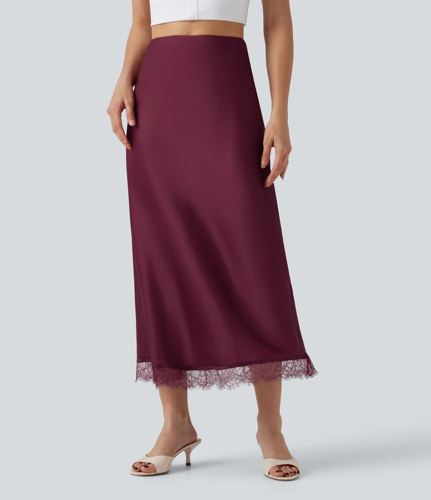 Jupe midi trapèze décontractée en satin et dentelle contrastée, taille haute