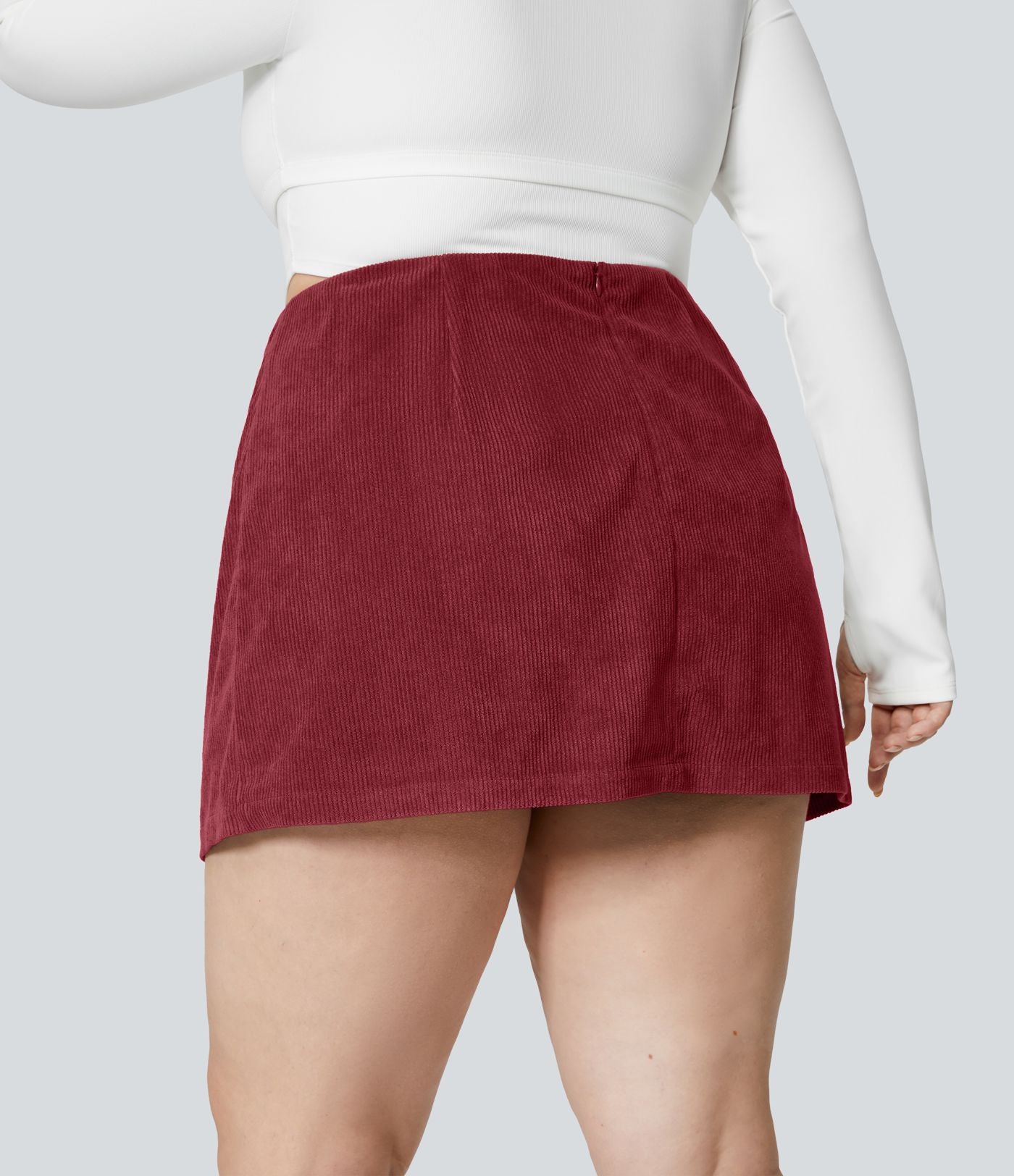 Jupe Casual Grande Taille en Velours Côtelé Mini à Taille Haute avec Fermeture Éclair Invisible 2 en 1