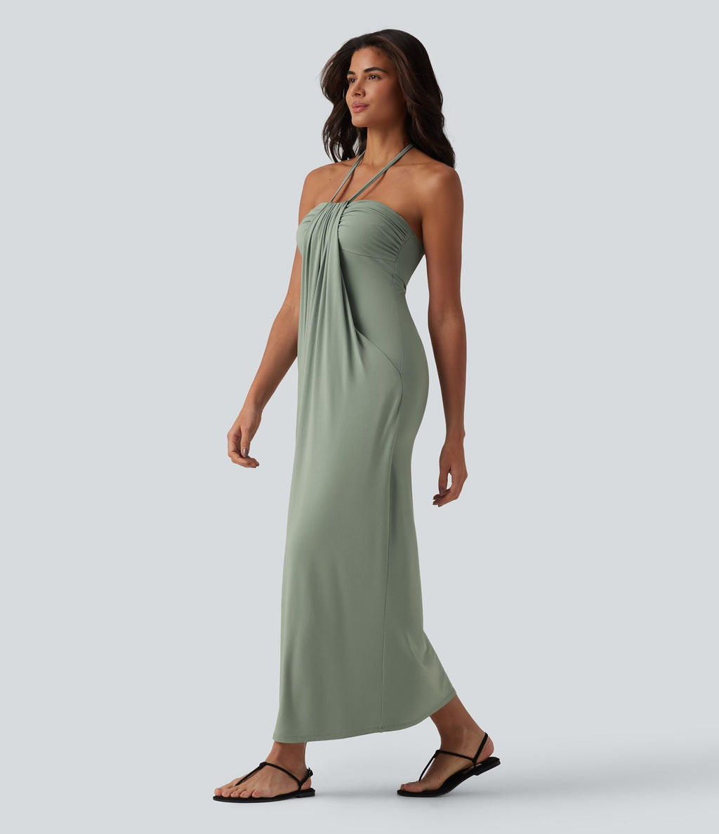 Robe longue dos nu col licou avec nœud et poches