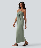 Robe longue dos nu col licou avec nœud et poches
