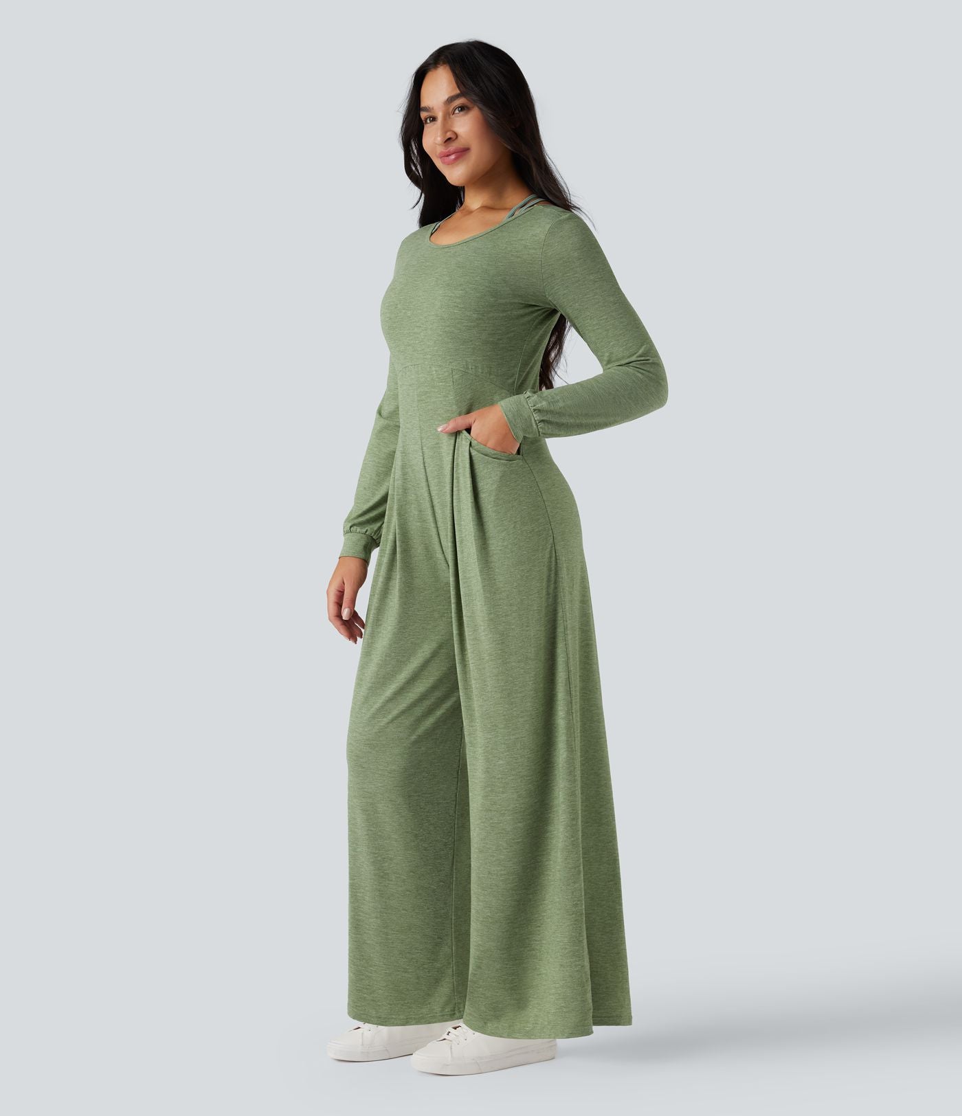 Combinaison-pantalon ample décontractée dos nu col rond à manches longues avec poches