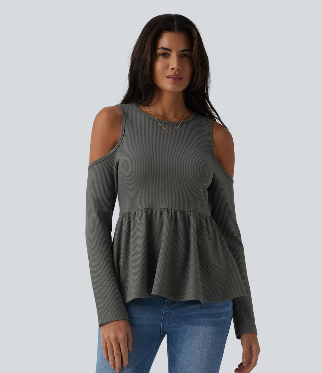 T-shirt décontracté gaufré col rond manches longues découpes ourlet à volants