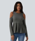 T-shirt décontracté gaufré col rond manches longues découpes ourlet à volants