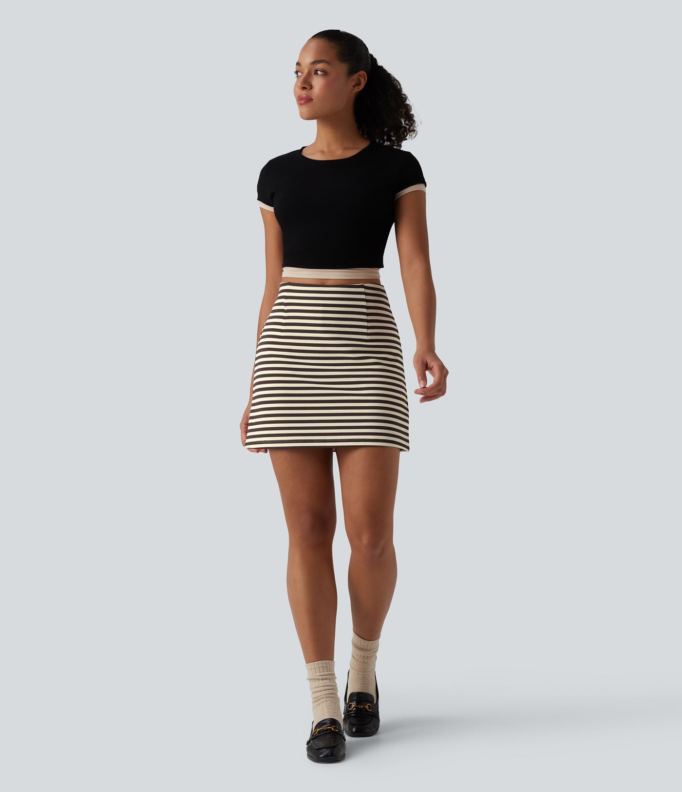 Jupe mini décontractée 2-en-1 taille haute rayée gaufré