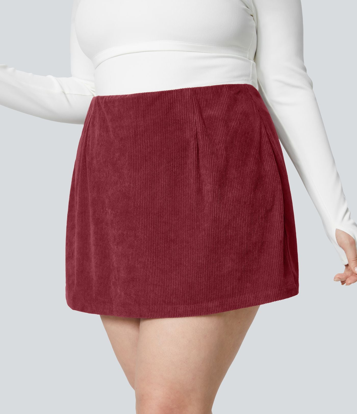 Jupe Casual Grande Taille en Velours Côtelé Mini à Taille Haute avec Fermeture Éclair Invisible 2 en 1