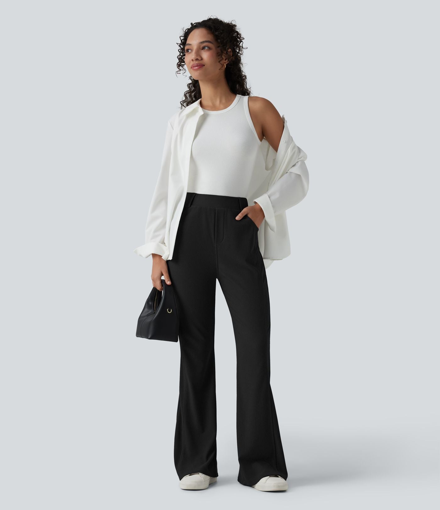 Pantalon décontracté bootcut taille haute en tissu micro-gaufré avec poches