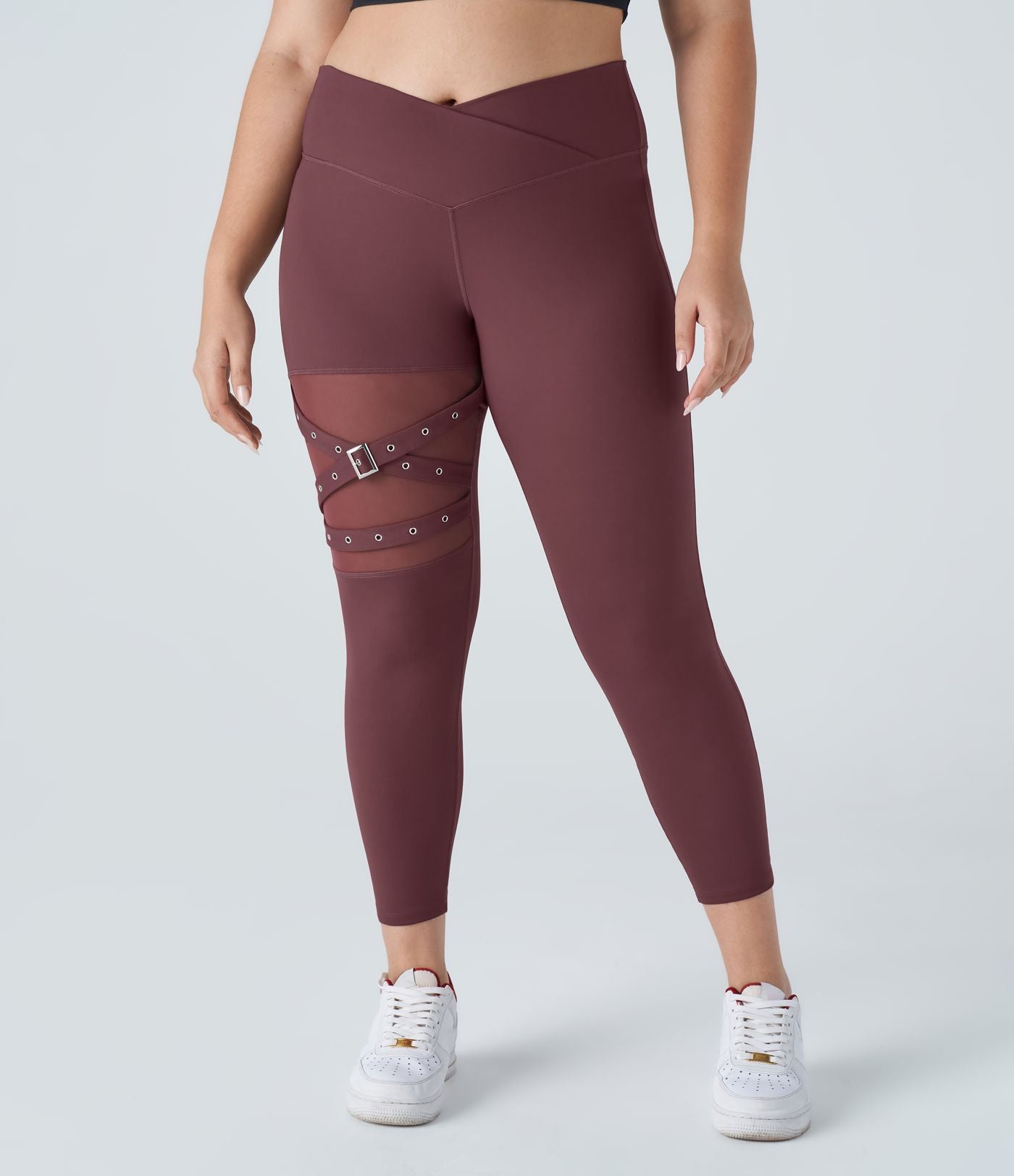 Legging yoga grande taille croisé taille haute avec mesh contrastant et boucle décorative DayStretch