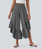 Pantalon décontracté super évasé taille haute avec ourlet à volants et poches