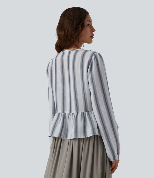 Blouse aspect lin à rayures manches longues ourlet à volants à nouer devant