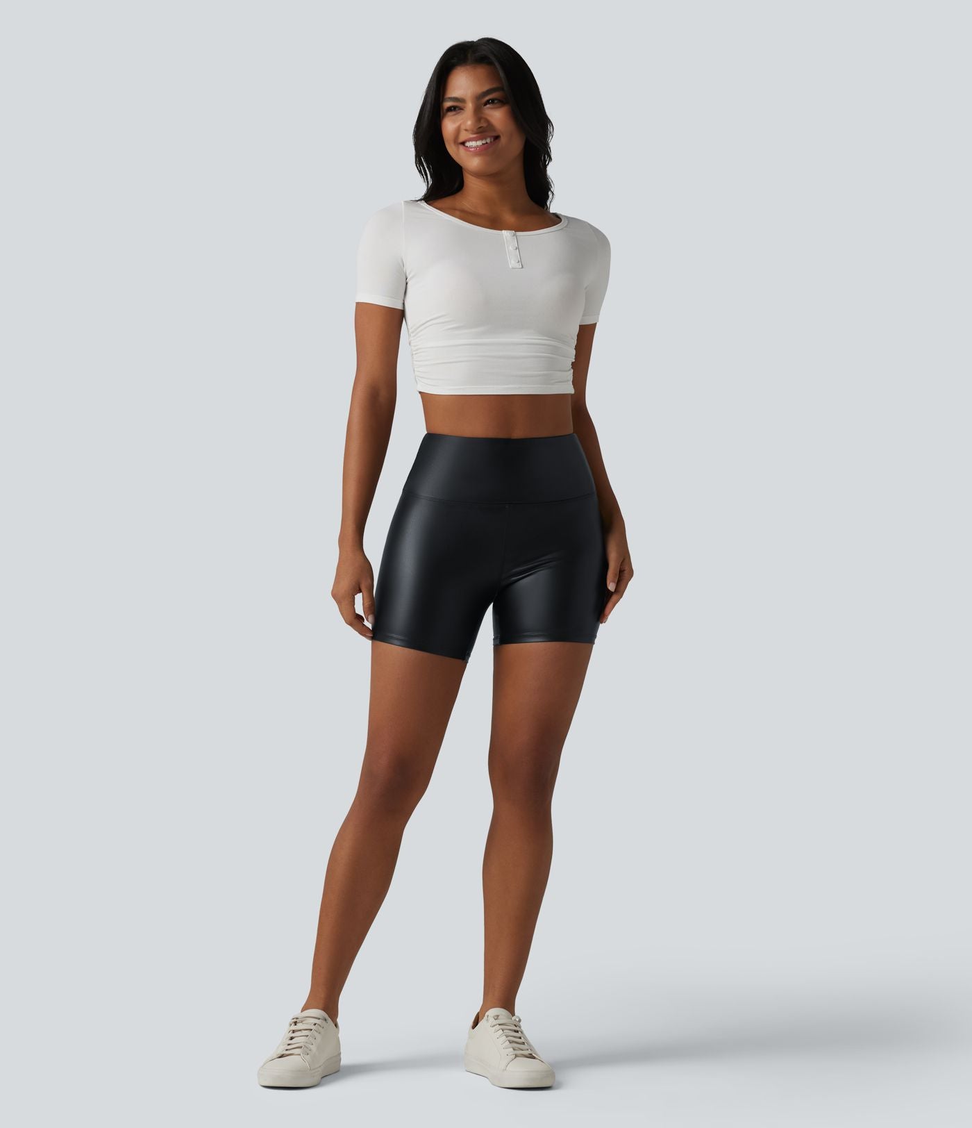 Short de cycliste casual en PU stretch gainant taille haute 12,5 cm avec poches