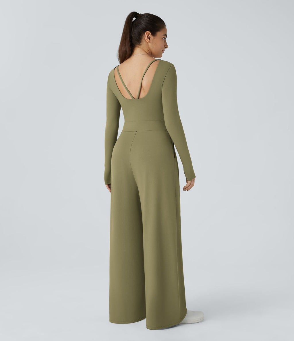Combinaison Casual à Manches Longues Décolleté en V et Dos Nu Avec Poches Latérales Plissées et Jambes Larges