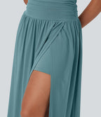 Jupe de danse mi-longue fluide 2-en-1 taille haute, fendue avec poche latérale
