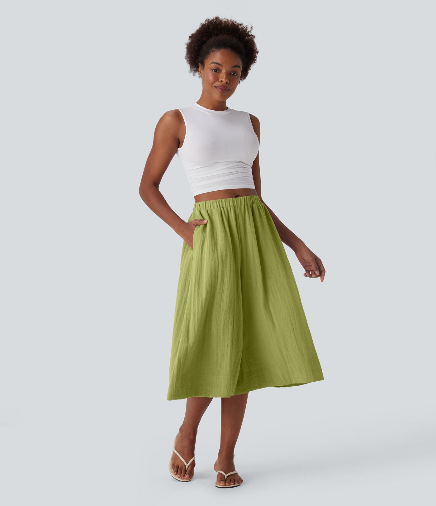 Pantalon fluide large taille mi-haute effet lin avec poche