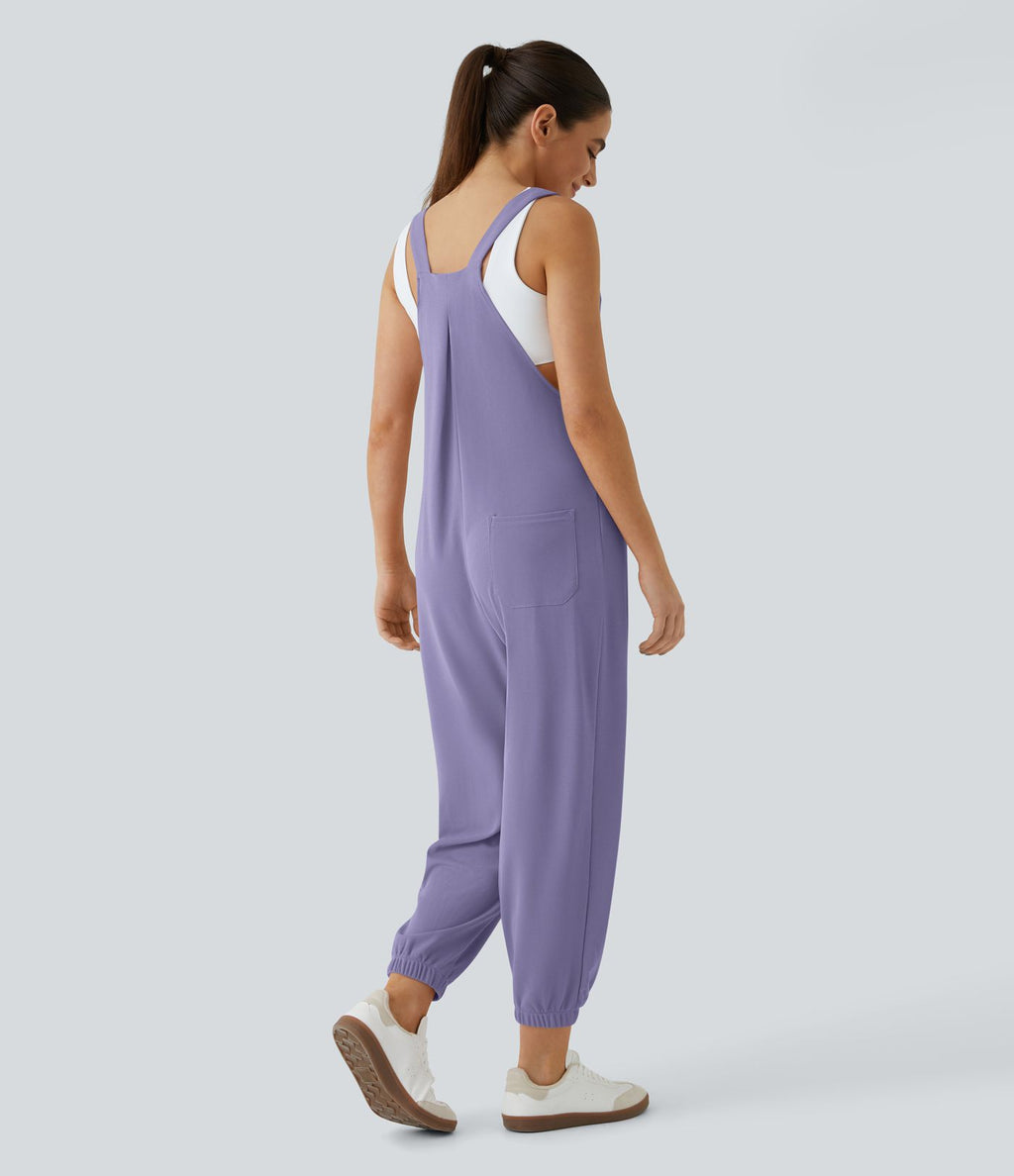 Salopette Casual Bretelles Ajustables Boutonnés Multiples Poches Plis et Tissu Gaufré