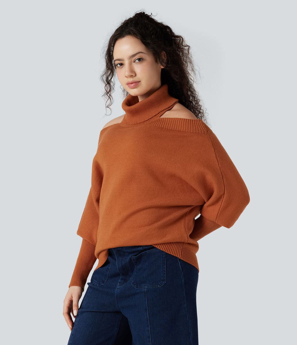 Pull col montant épaules dénudées manches chauve-souris longues