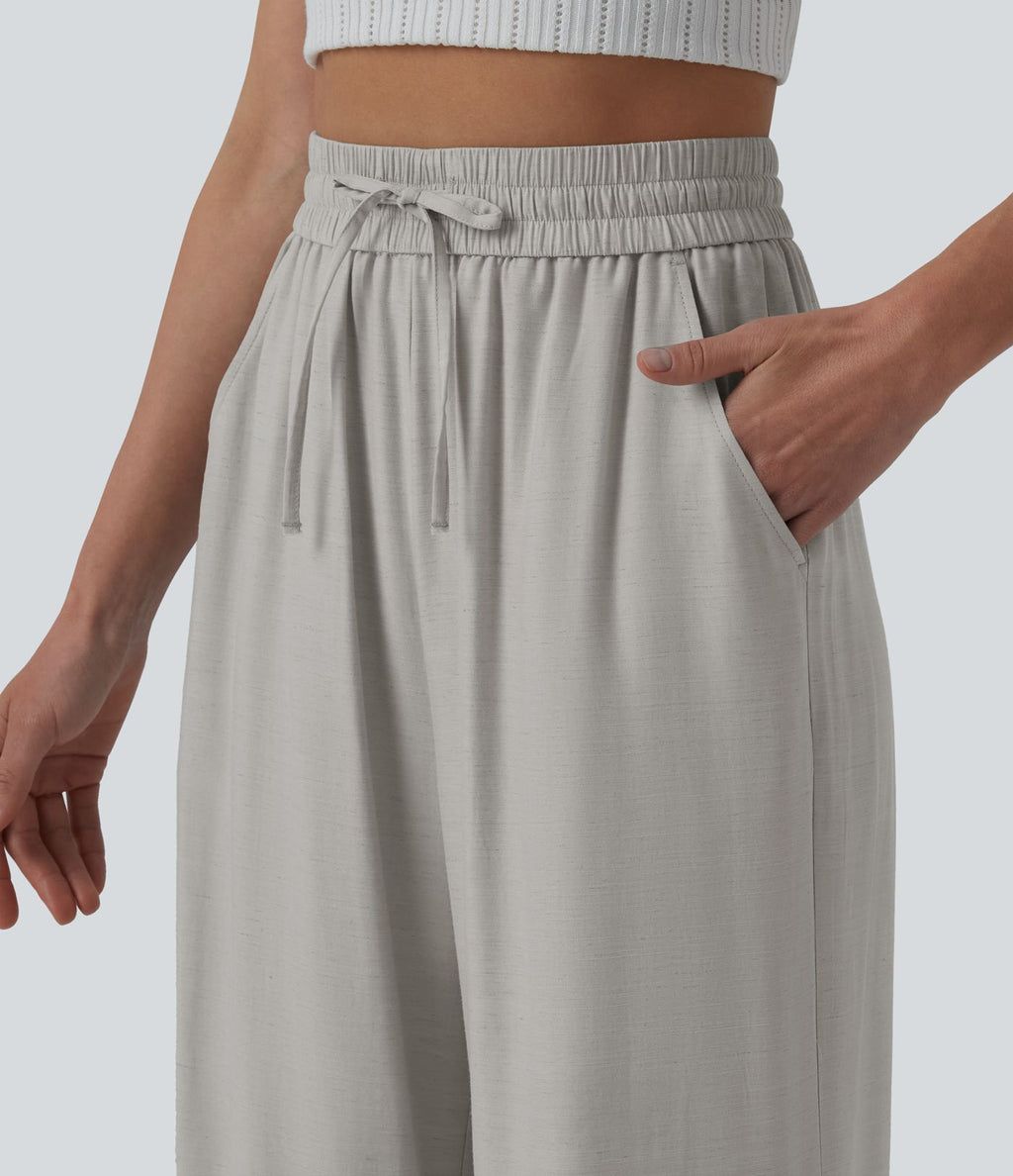Pantalon casual large fluide mélange lin taille haute avec cordon de serrage et poches