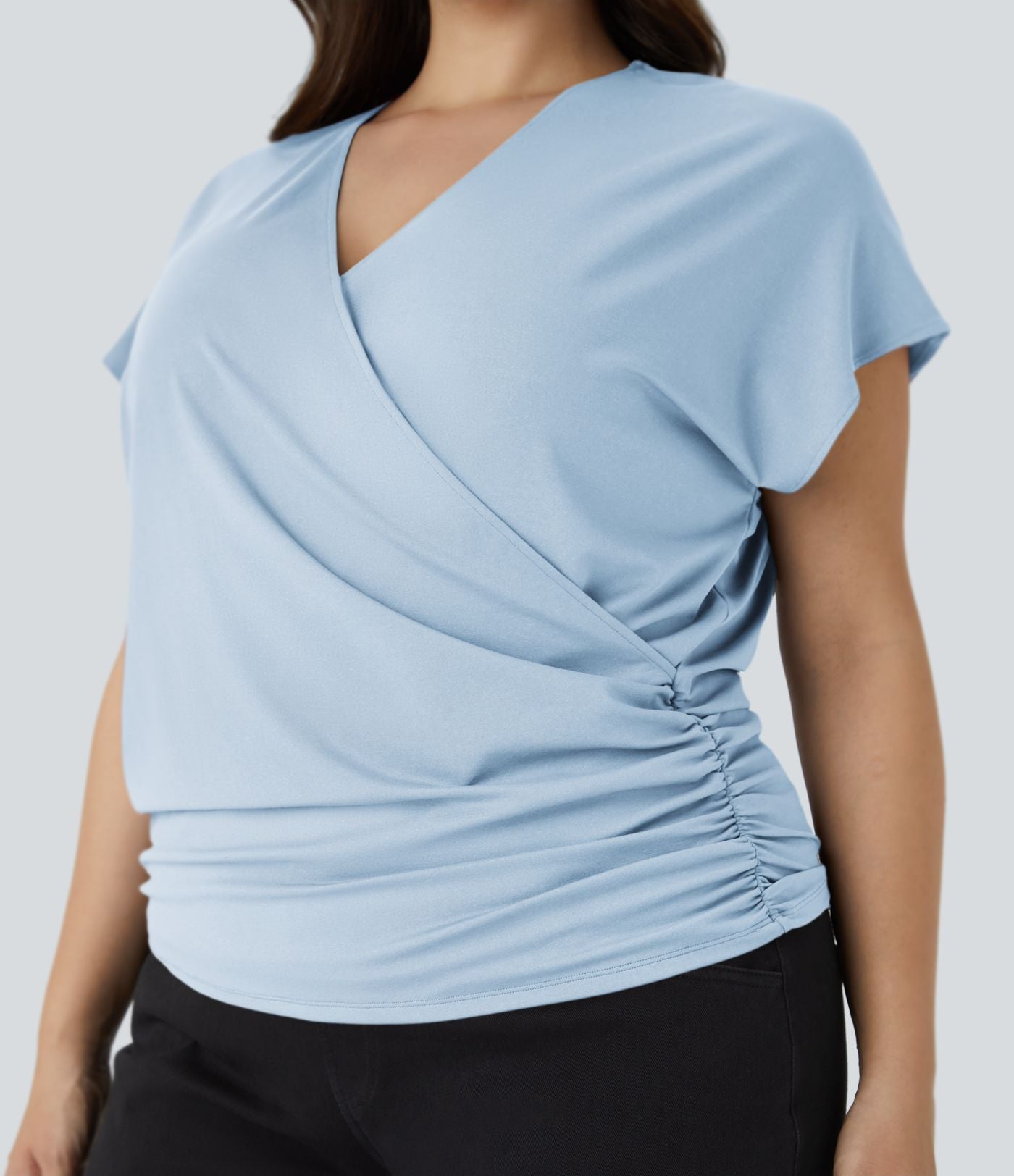 Blouse Travail Unie Froncée Croisée Manches Courtes Col en V Grande Taille