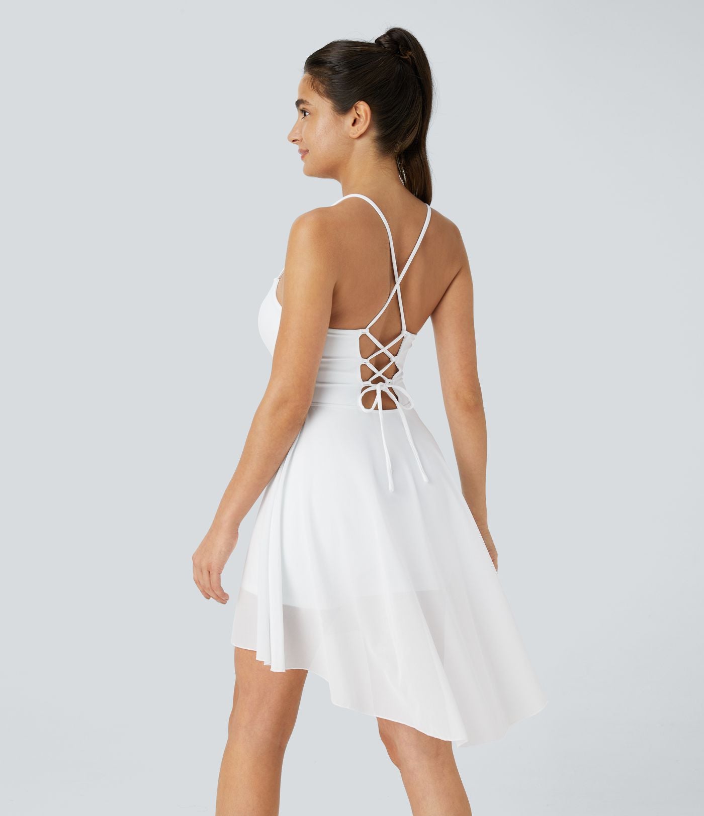 Robe de sport danse mini 2-en-1 laçage asymétrique résille contrastante fluide avec poche A-D