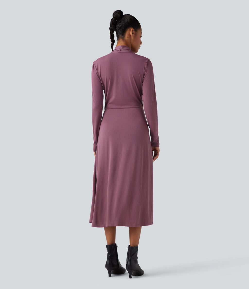 Robe de travail midi col V à manches longues avec poches