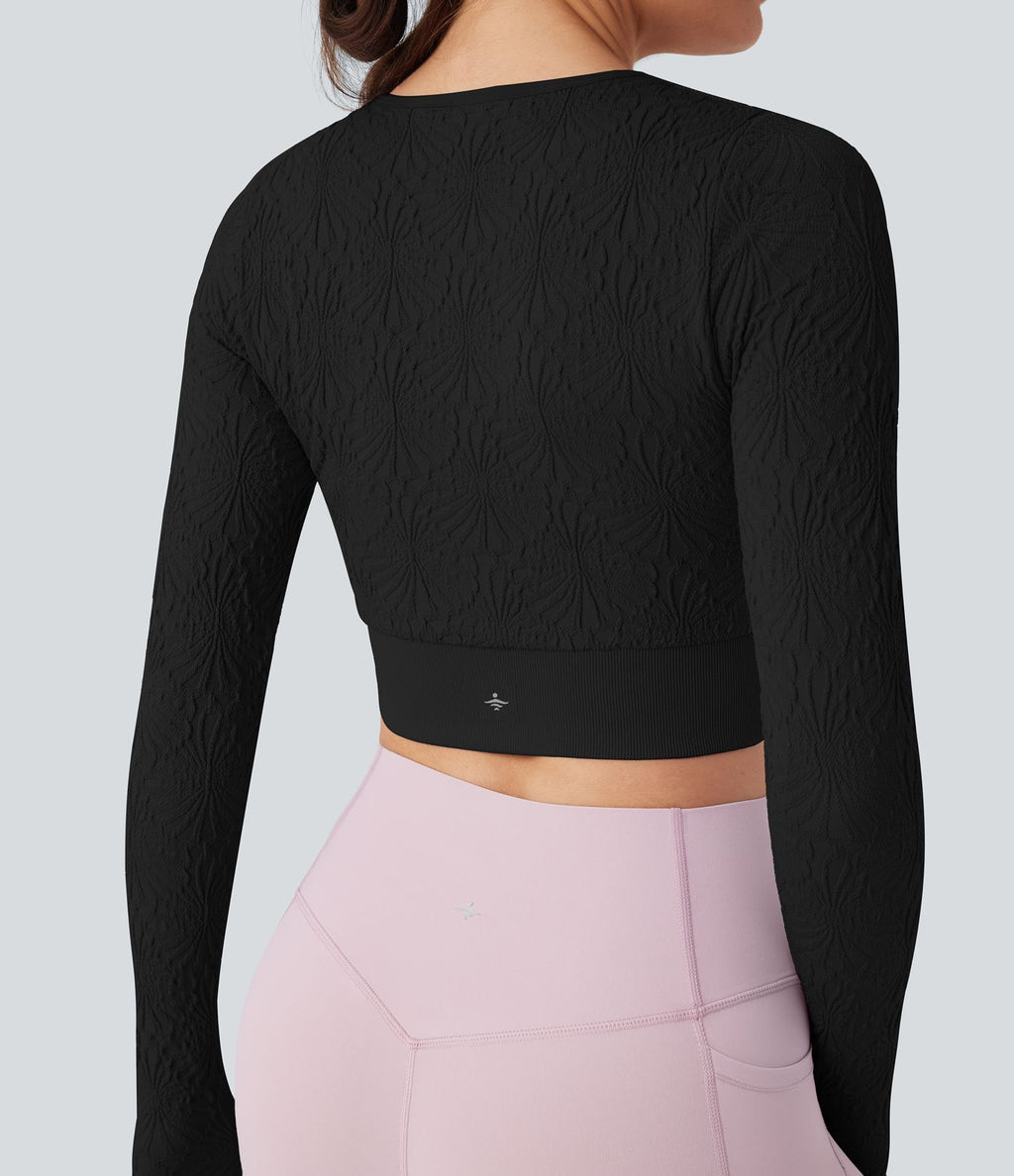 Haut de sport yoga court ajusté jacquard à manches longues sans couture OneForm Seamless Flow