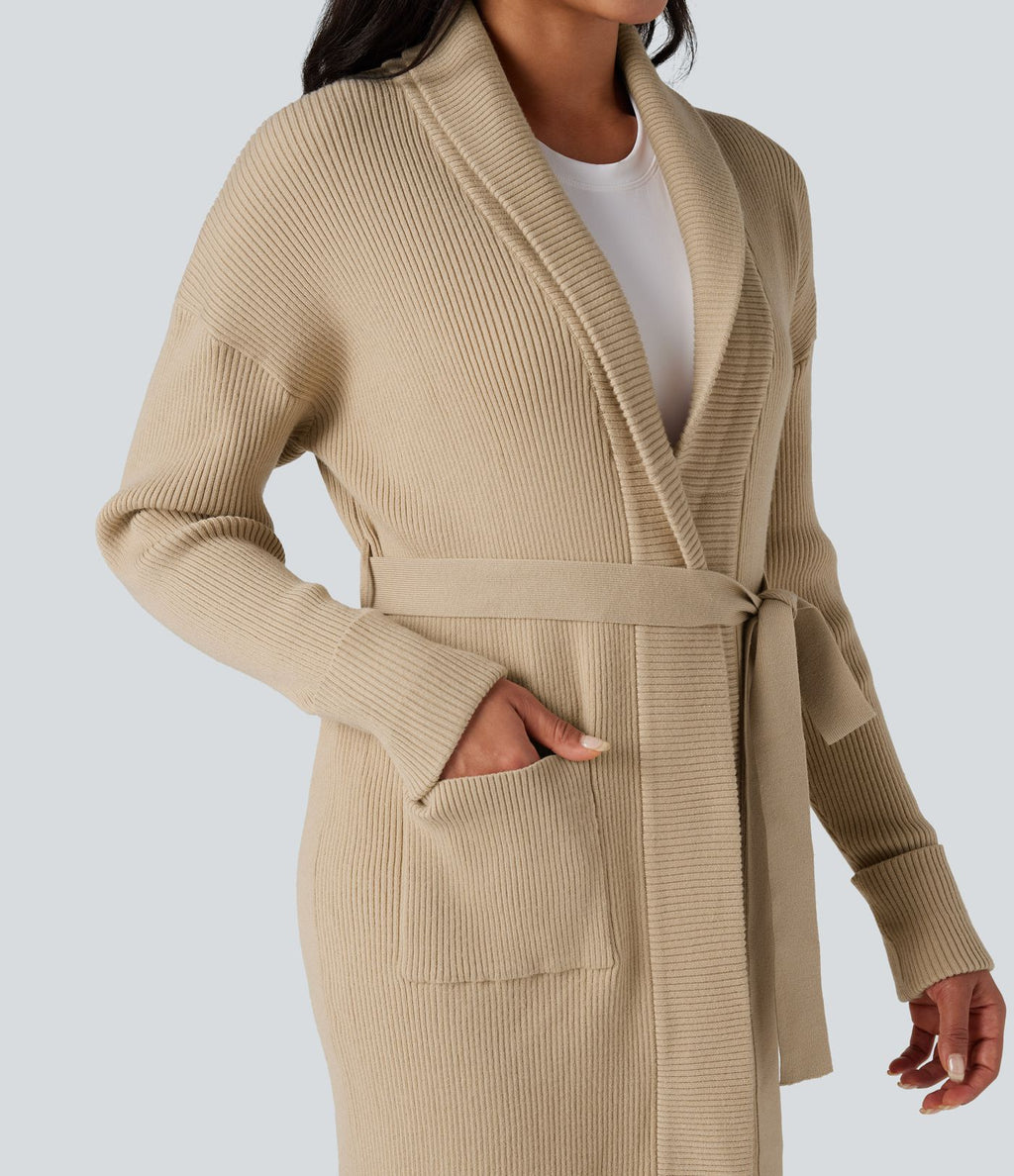 Cardigan long col tailleur ceinturé manches longues avec poches