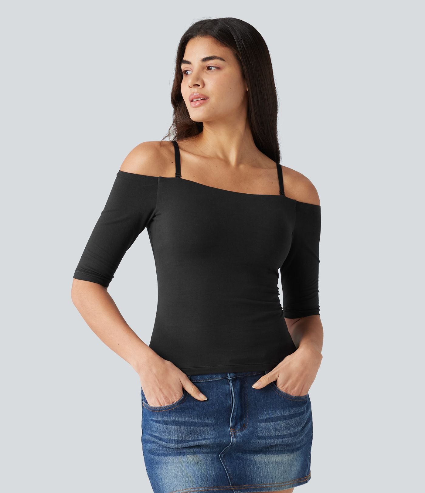 T-shirt décontracté Halara Cotton Jersey épaules dénudées à manches mi-longues, bretelles amovibles et coussinets amovibles, bonnets B à E