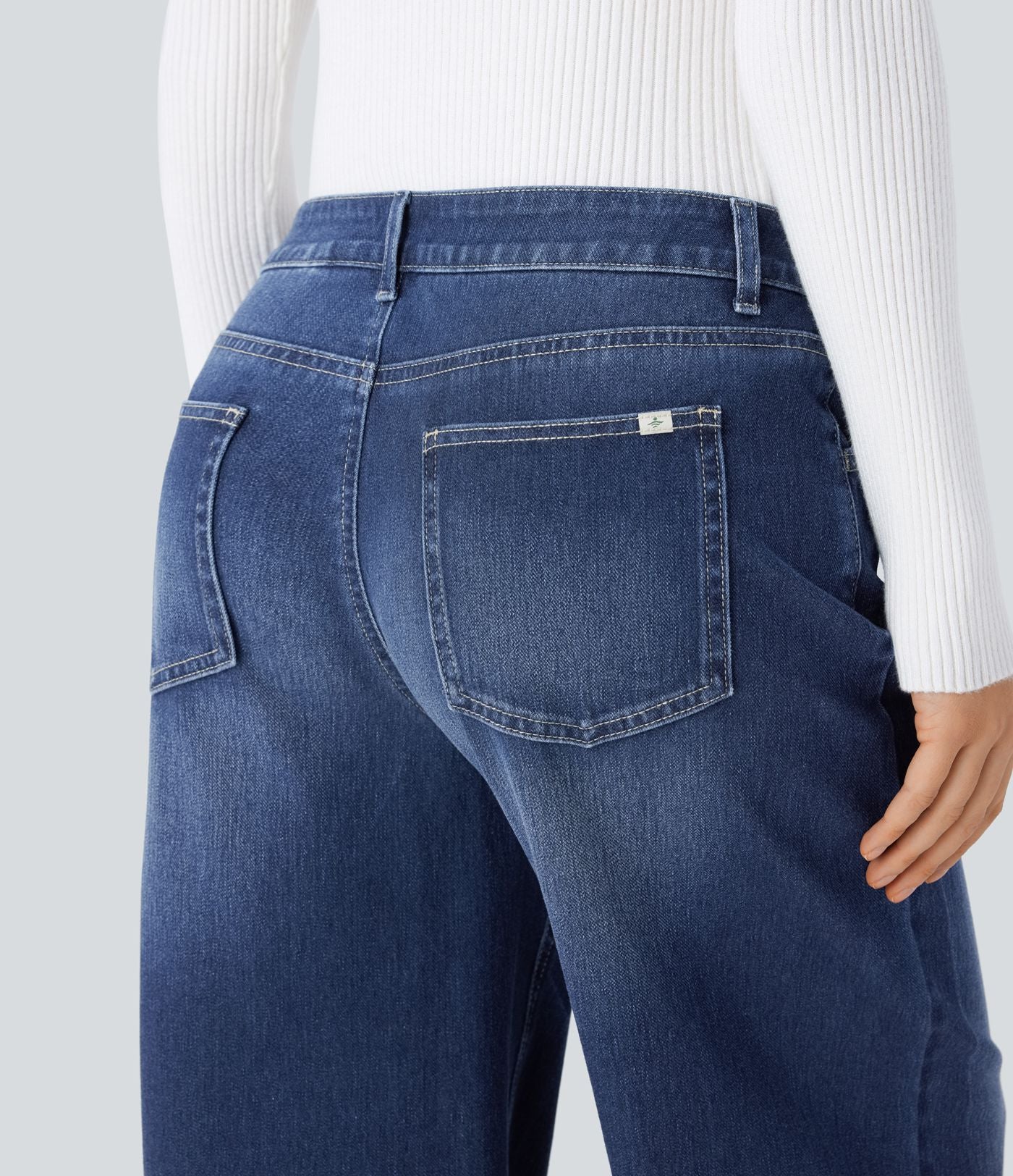 Halara Flex™ Jean Large Casual Taille Basse avec Boutons Zip Multiples Poches Lavés Élastiques et Tricotés