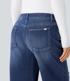 Halara Flex™ Jean Large Casual Taille Basse avec Boutons Zip Multiples Poches Lavés Élastiques et Tricotés