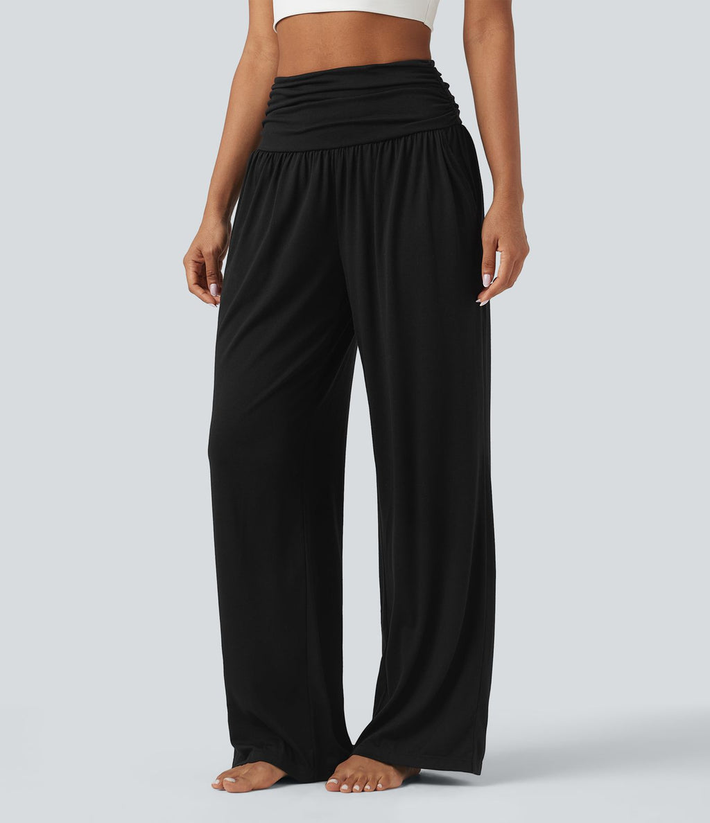 Pantalon de yoga large froncé chiné taille haute avec poches