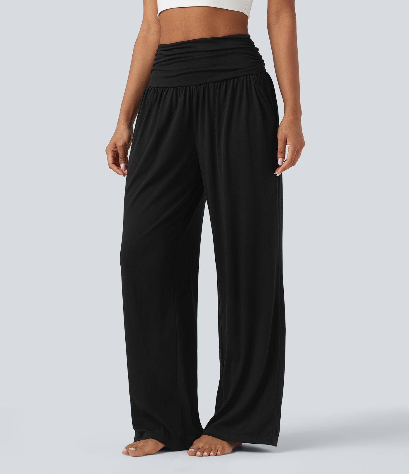 Pantalon de yoga large froncé chiné taille haute avec poches