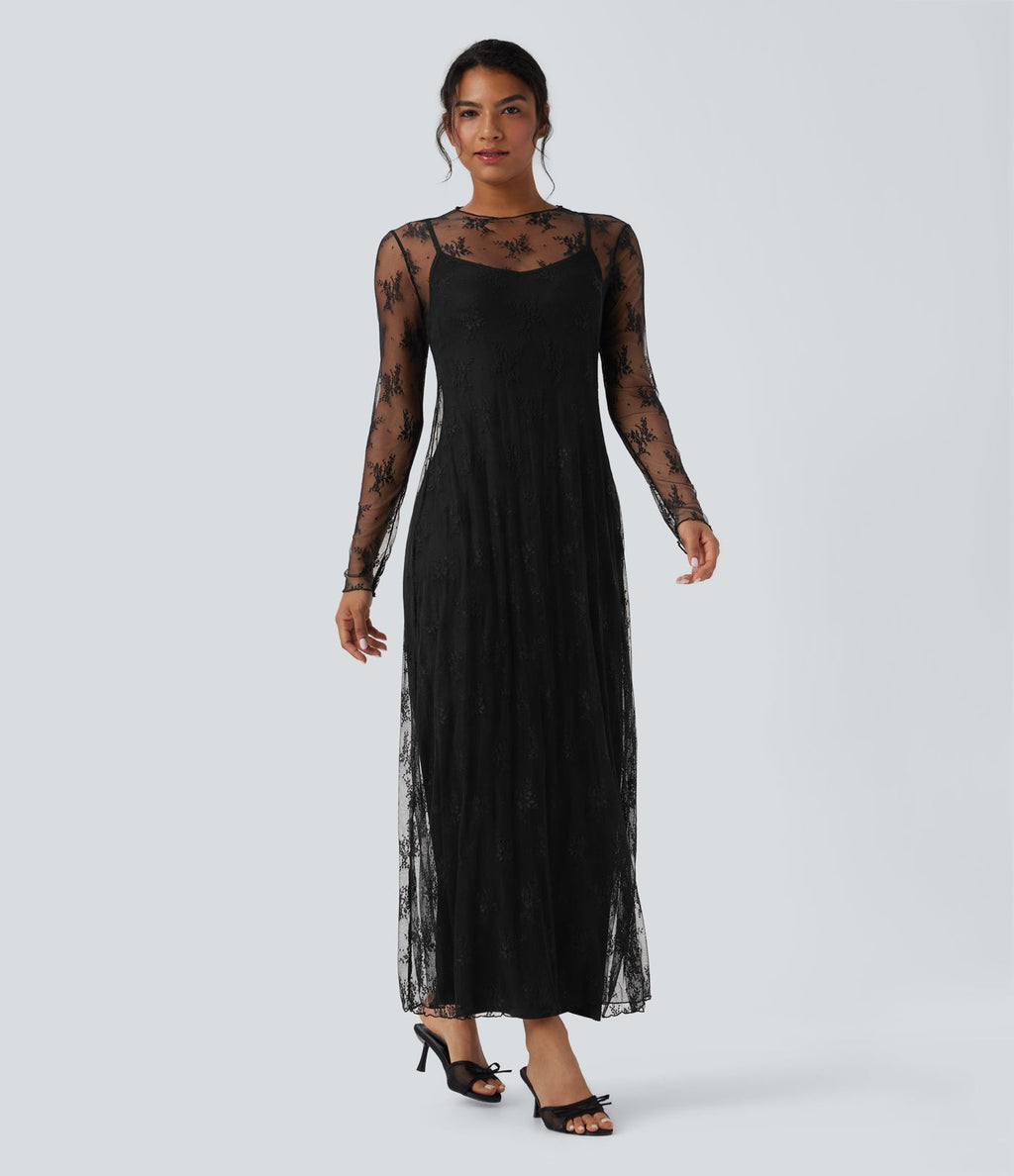 Robe longue décontractée dentelle 2 pièces manches longues