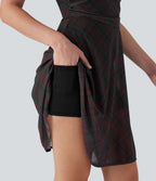 Robe mini décontractée 2-en-1 sans manches à carreaux avec empiècements mesh contrastés et poche latérale