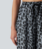 Pantalon léopard décontracté taille haute à cordon de serrage, coupe ample, en maille transparente avec poches