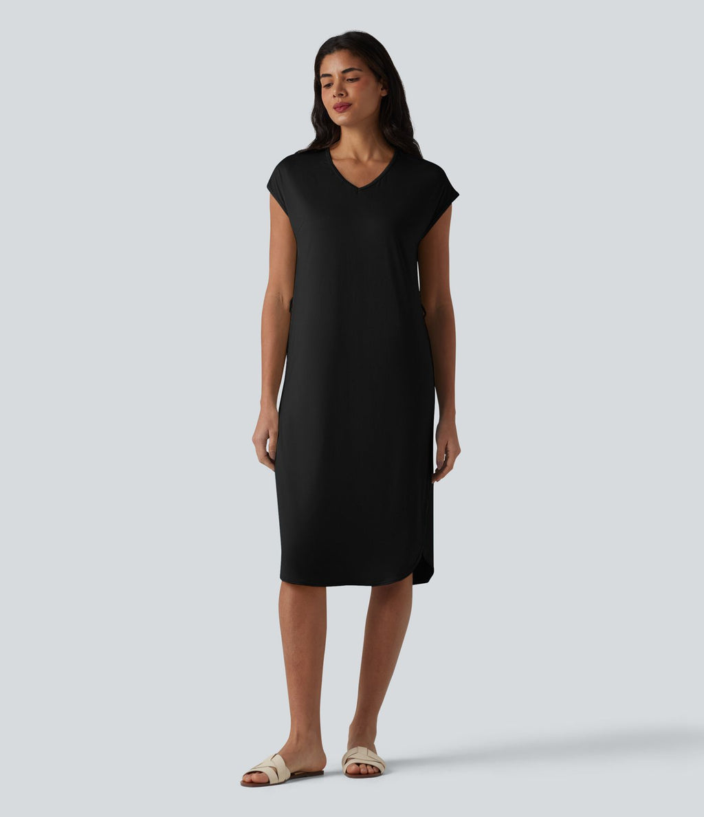 Robe t-shirt casual col V à manches courtes, ceinturée et ourlet arrondi