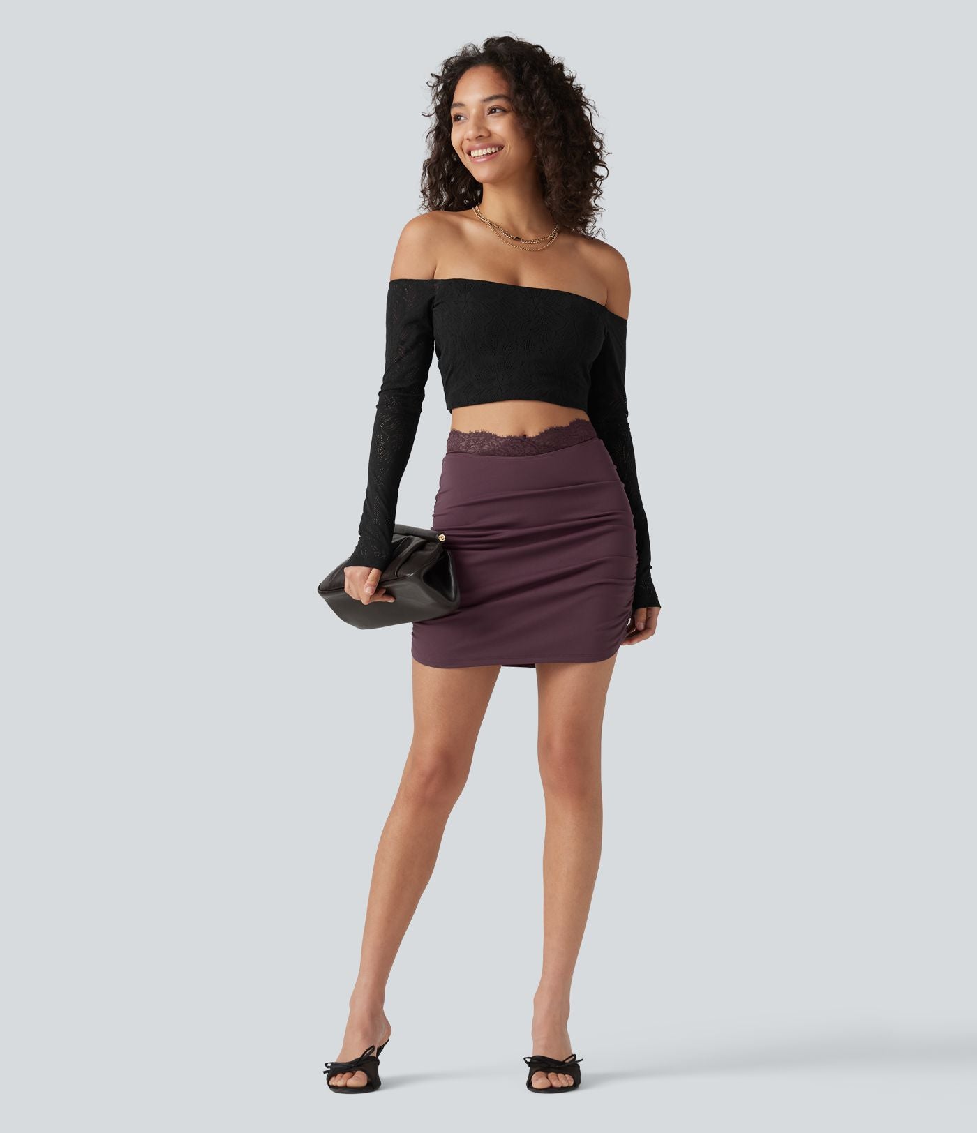 Jupe mini moulante 2-en-1 taille haute en dentelle contrastée, ourlet arrondi et froncé