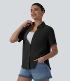 Chemise décontractée à manches courtes avec col et ourlet arrondi, aspect lin