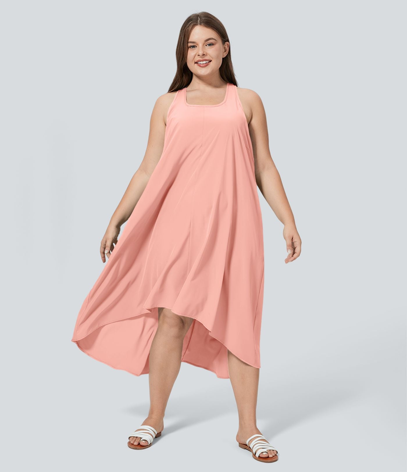 Breezeful™ Dos Nu Racerback Poche Latérale Haut Bas Fluide Midi Séchage Rapide Décontracté Robe Grande Taille